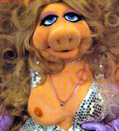 A portrait of Miss Piggy of Muppets fame wearing a sequined gown, except the right side has slipped down revealing her right Muppet breast.