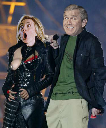 Hillary Clinton wearing the Janet Jackson costume with one exposed breast, with nipple shield. Next to her is George W. Bush wearing the Justin Timberlake costume, holding the detached bra cup in his hand. Hillary has a shocked expression on her face; George has an embarrassed expression on his face.