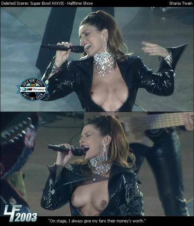 Shania Twain singing on stage wearing a black jacket and sparkly choker, performing energetically with a microphone during a halftime show. The two shots, top and bottom, capture her expressive singing and dynamic stage presence. But her jacket is open, revealing her bare breasts. It's a bad Photoshop job as her breasts look quite different between the two photos.